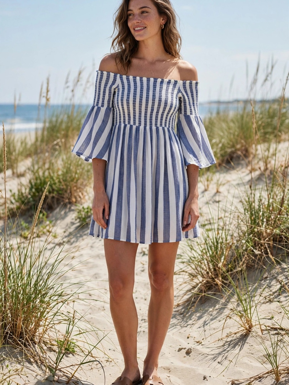 American Eagle Outfitters Blue and White Striped Off-Shoulder Linen Mini Dress